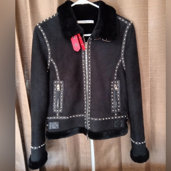 Givenchy Paris Black Shearling Wool Red Leather Studded Moto Jacket Size Medium - Picture 6 of 16